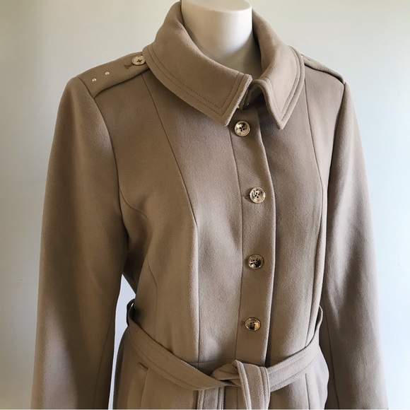 White House Black Market Eyelet Studded Coat Belted Jacket Tan Gold Size Large - Picture 3 of 13